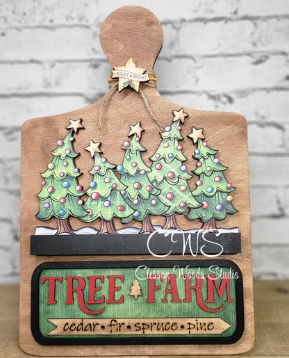 Christmas Tree Farm Merry and Bright U Cut Digital Art and Hand Painted Seasonal Breadboard Accents
