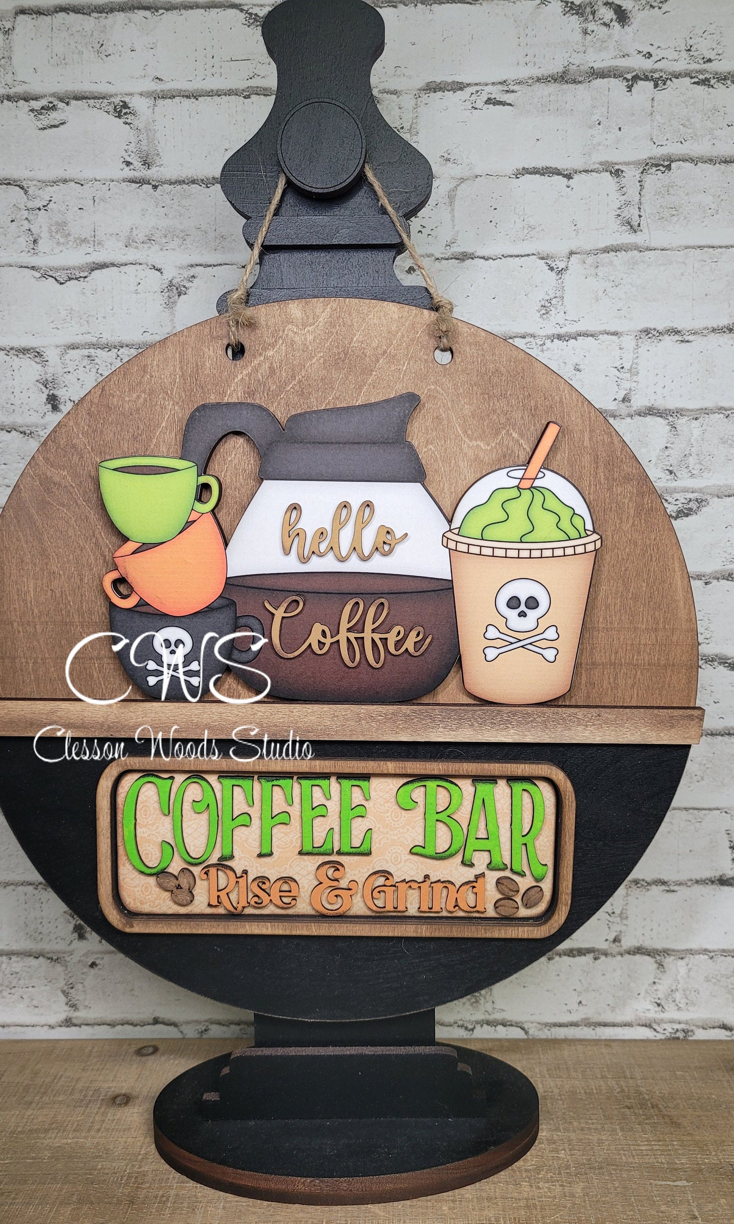Coffee Bar Halloween Coffee Rise and Grind Digital Art and Hand Painted 12" Door Hanger Insert