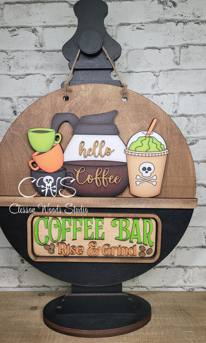 Coffee Bar Halloween Coffee Rise and Grind Digital Art and Hand Painted 12" Door Hanger Insert