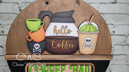 Coffee Bar Halloween Coffee Rise and Grind Digital Art and Hand Painted 12" Door Hanger Insert