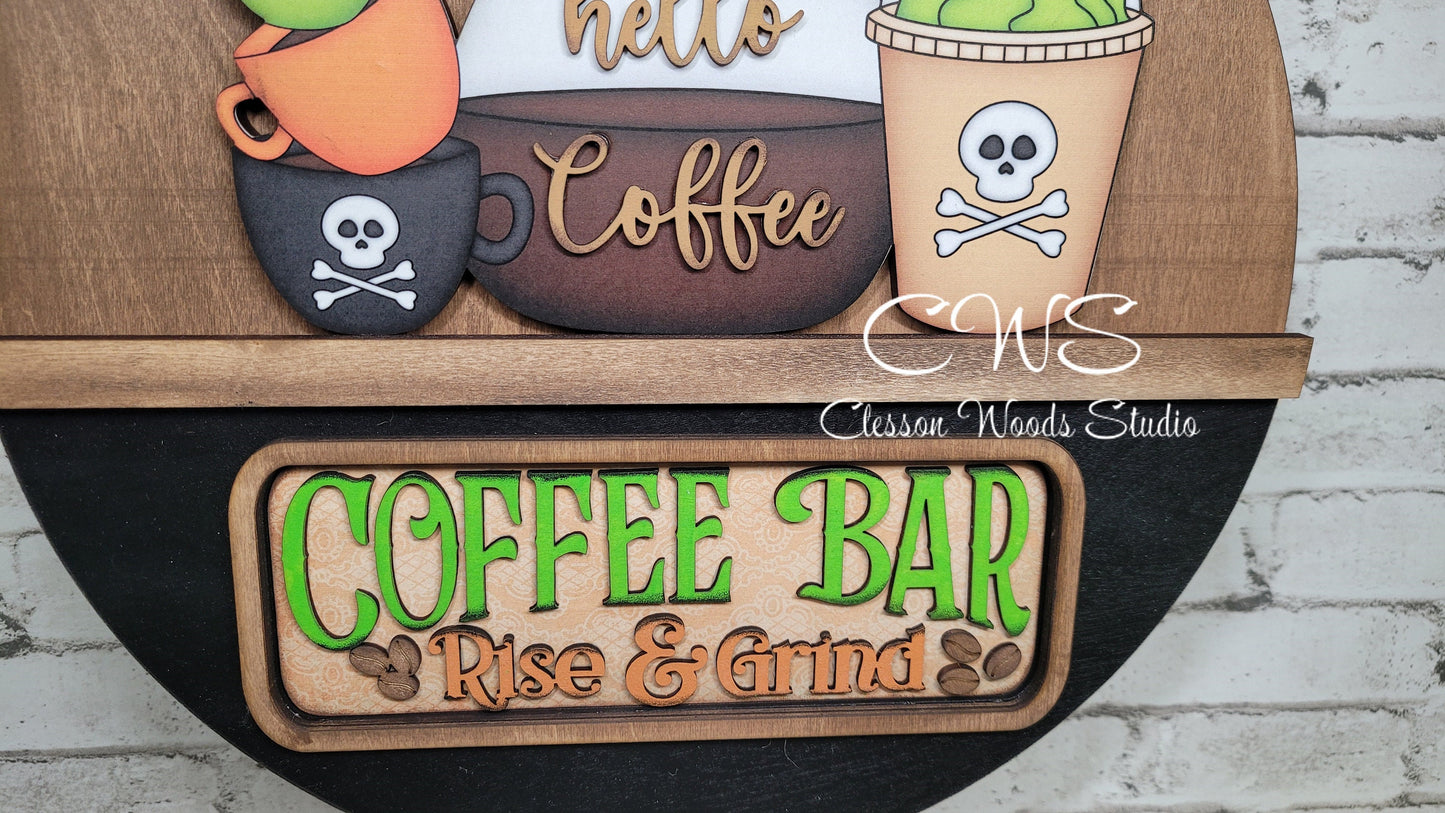 Coffee Bar Halloween Coffee Rise and Grind Digital Art and Hand Painted 12" Door Hanger Insert