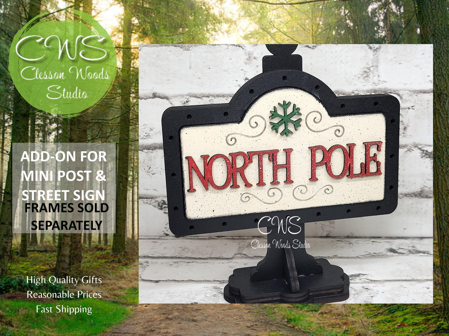 North Pole Green Snowflake 1 Add-On for Mini Post & Street Sign Frames (Sold Separately)