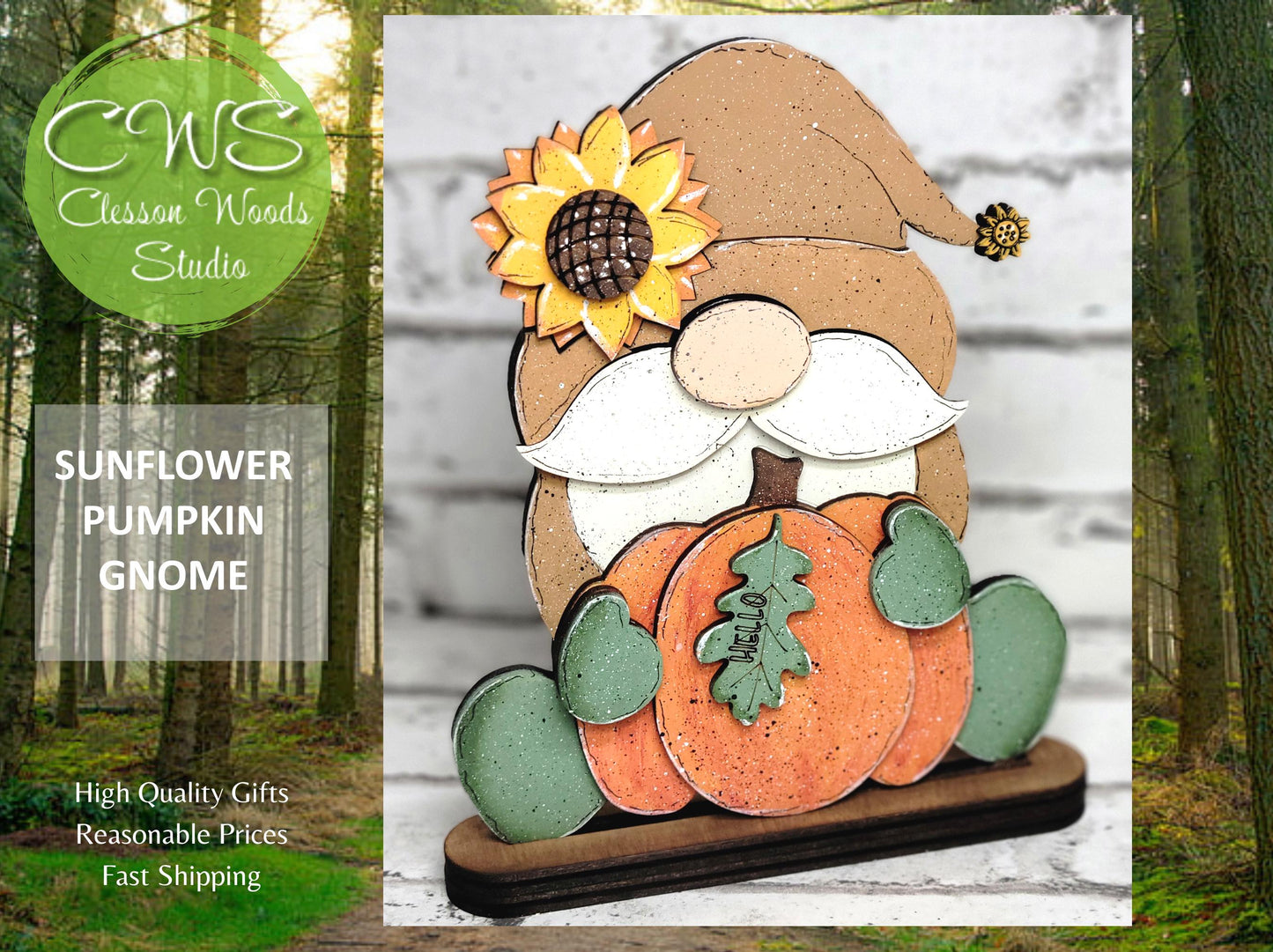 Sunflower Pumpkin Fall Gnome Shelf Sitter Tiered Tray Decor Piece