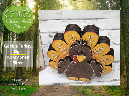 Turkey Gobble Till You Wobble and Turkey Shelf Sitter Tiered Tray Decor Pieces