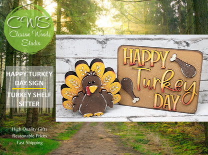 Happy Turkey Day and Turkey Shelf Sitter Tiered Tray Decor Pieces