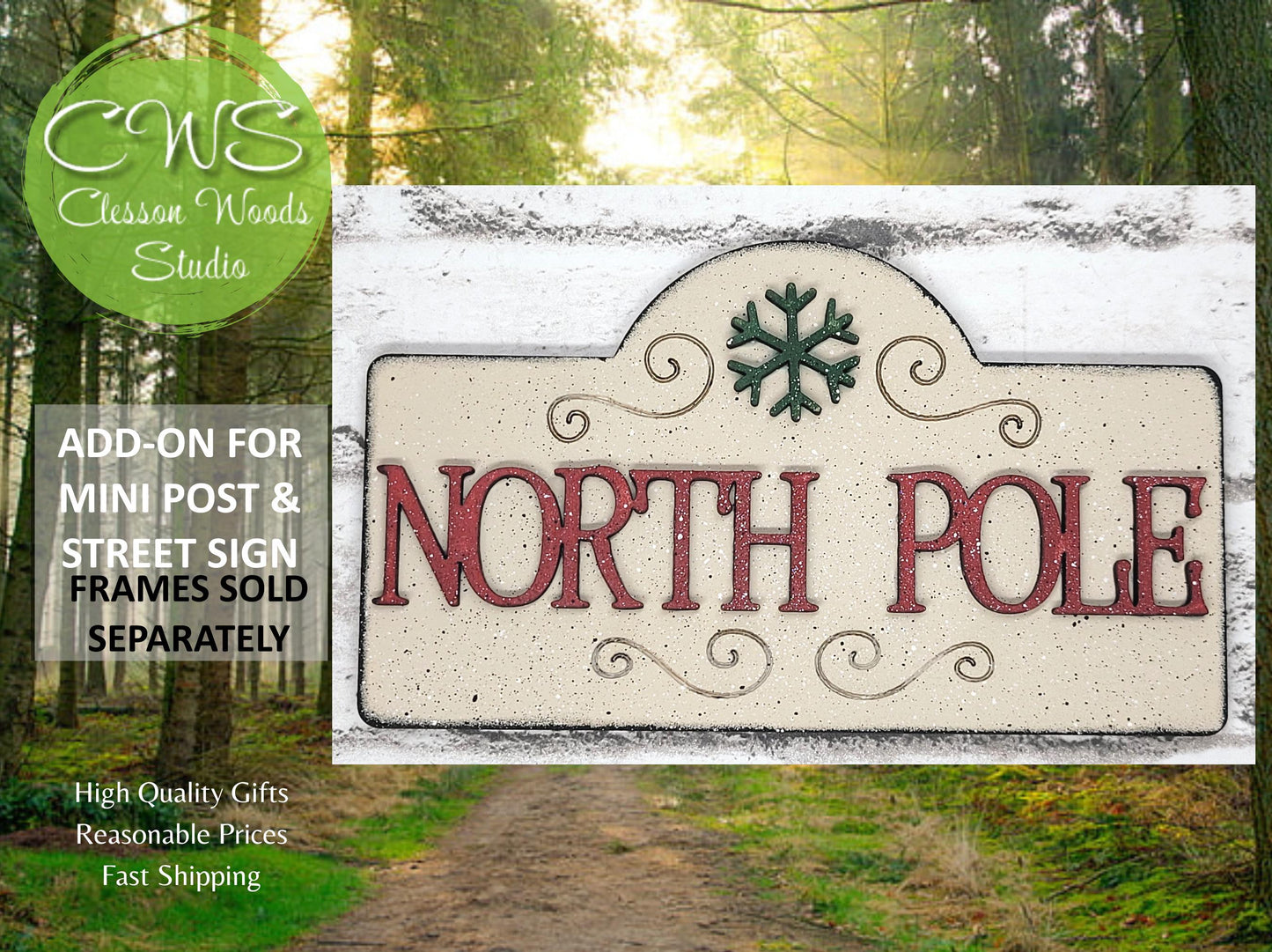 North Pole Green Snowflake Workshop Add-On for Mini Post & Street Sign Frames (Sold Seprately)