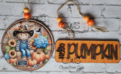 Fall Pallet Sign Add-On: Scarecrow, Pumpkins & Sunflowers (6" Round)