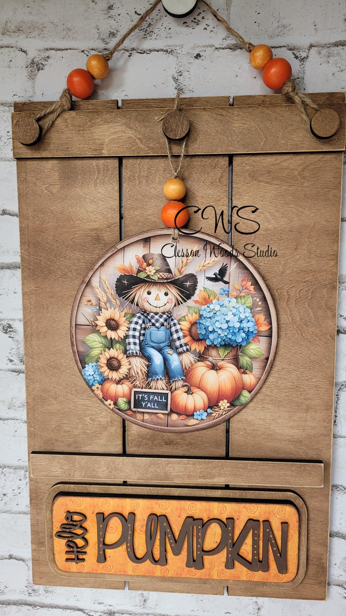 Fall Pallet Sign Add-On: Scarecrow, Pumpkins & Sunflowers (6" Round)