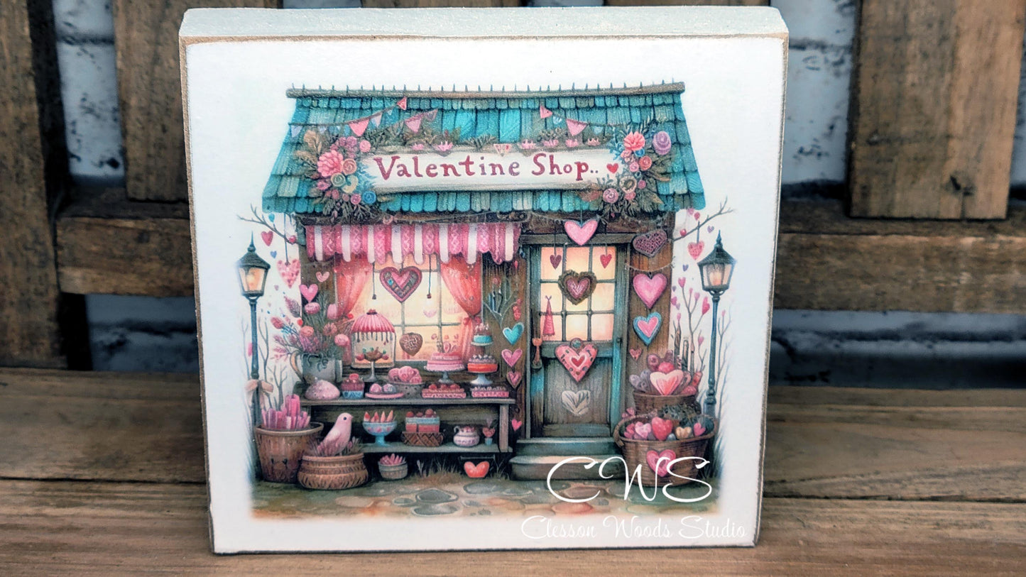 Valentine Shops 5 Square Wood Block Sign