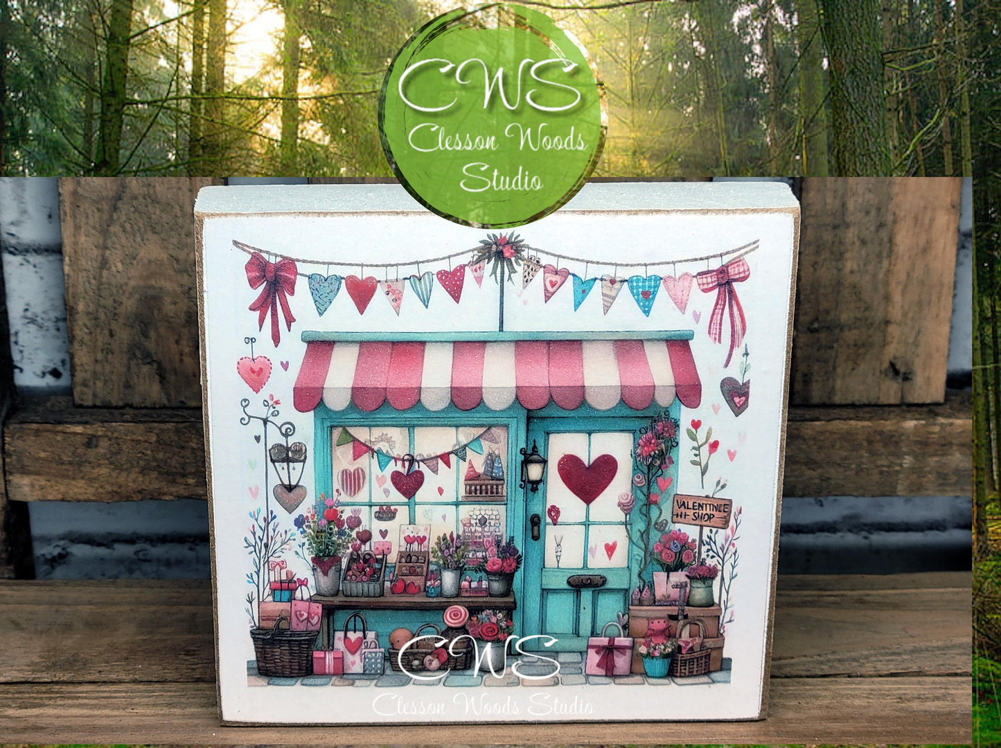Valentine Shops 2 Square Wood Block Sign
