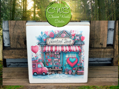 Valentine Shops 1 Square Wood Block Sign