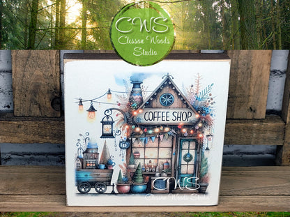 Coffee Shop 5 Square Wood Block Sign