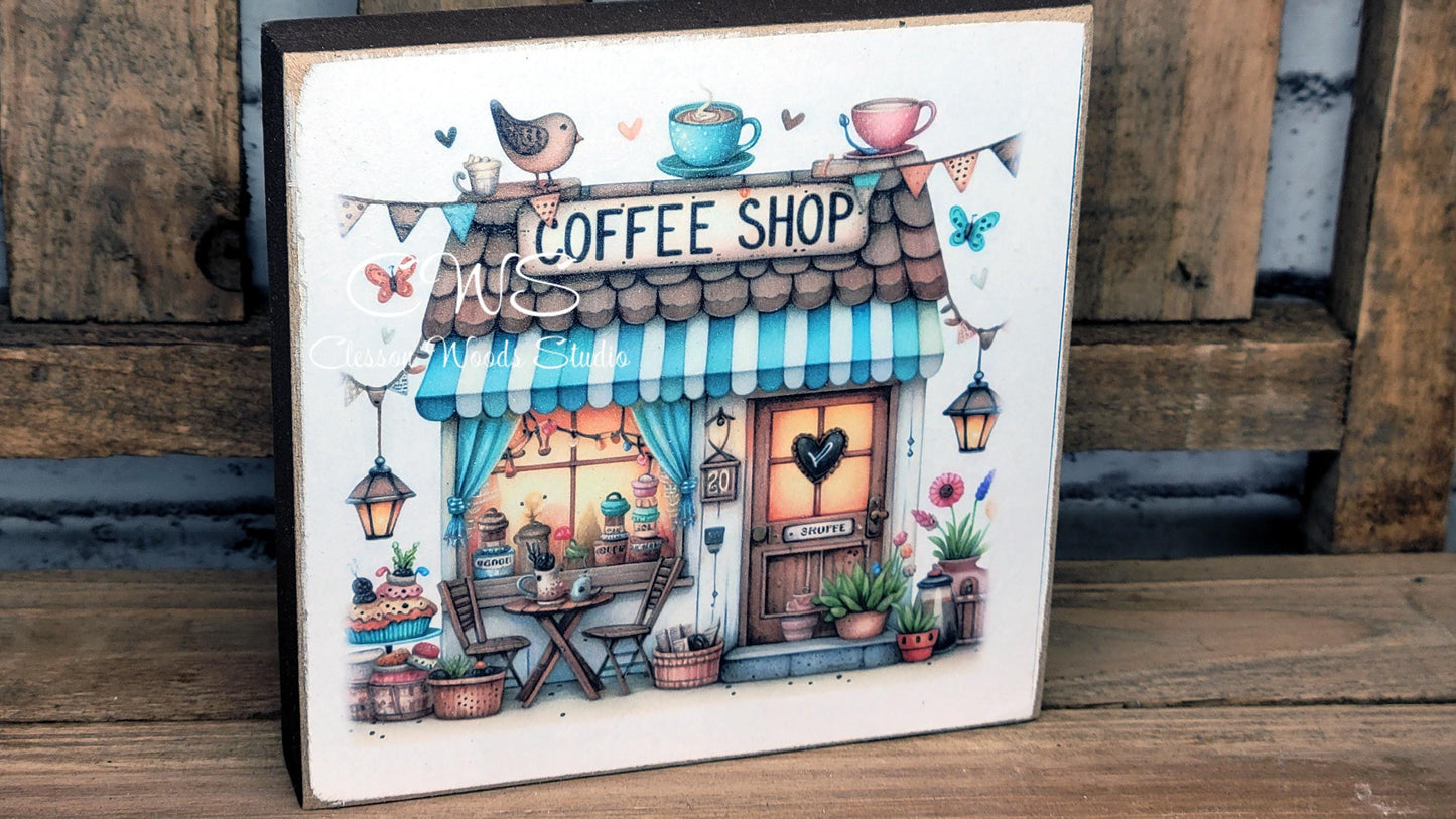 Coffee Shop 4 Square Wood Block Sign