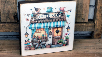Coffee Shop 4 Square Wood Block Sign