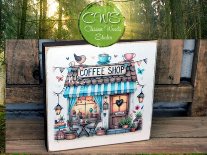 Coffee Shop 4 Square Wood Block Sign