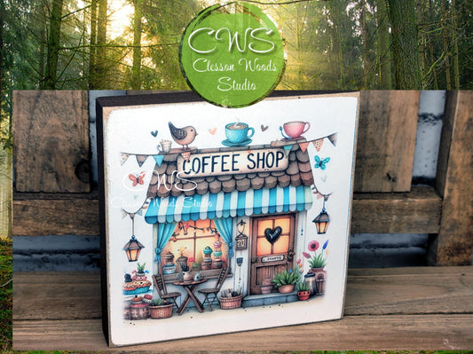 Coffee Shop 4 Square Wood Block Sign