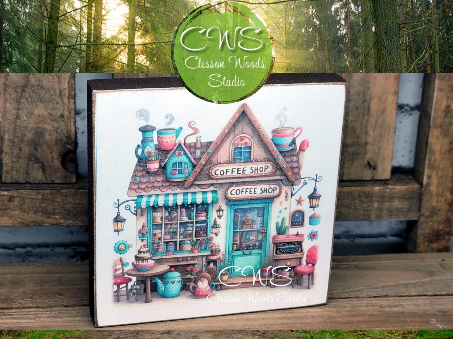 Coffee Shop 3 Square Wood Block Sign