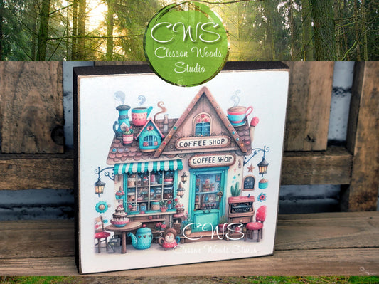 Coffee Shop 3 Square Wood Block Sign