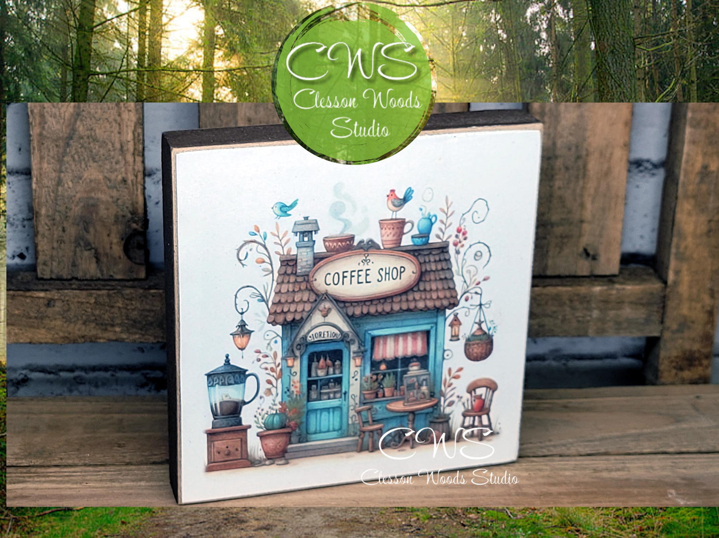 Coffee Shop 2 Square Wood Block Sign
