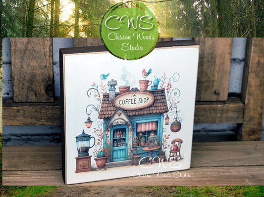 Coffee Shop 2 Square Wood Block Sign