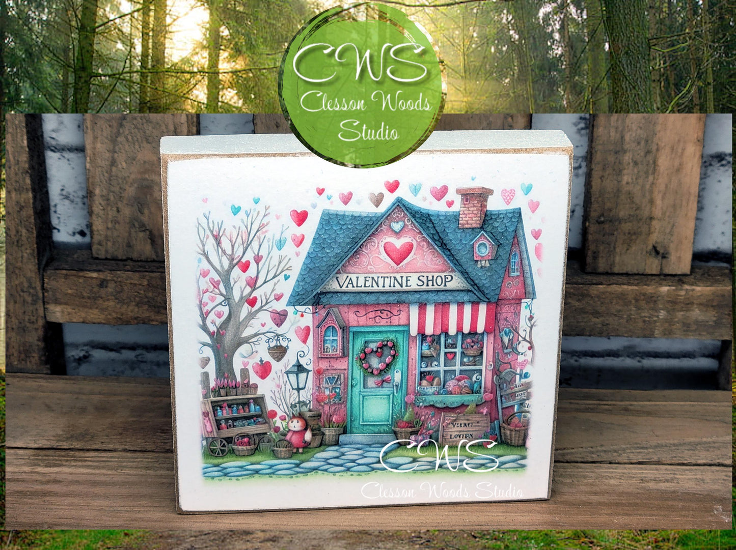 Valentine Shops 6 Square Wood Block Sign