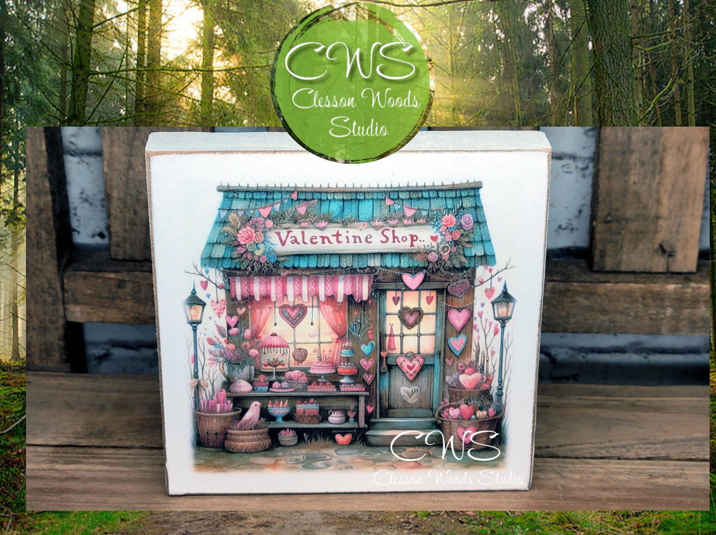 Valentine Shops 5 Square Wood Block Sign
