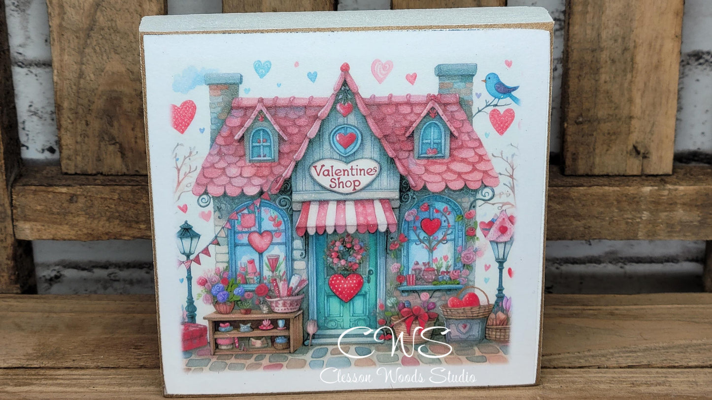 Valentine Shops 3 Square Wood Block Sign