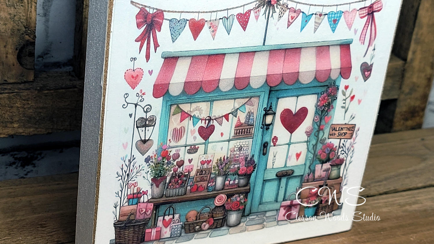 Valentine Shops 2 Square Wood Block Sign