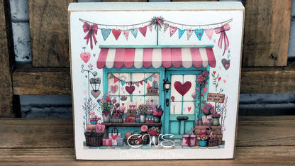 Valentine Shops 2 Square Wood Block Sign