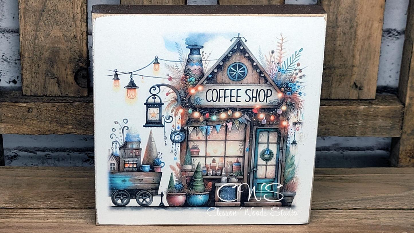 Coffee Shop 5 Square Wood Block Sign