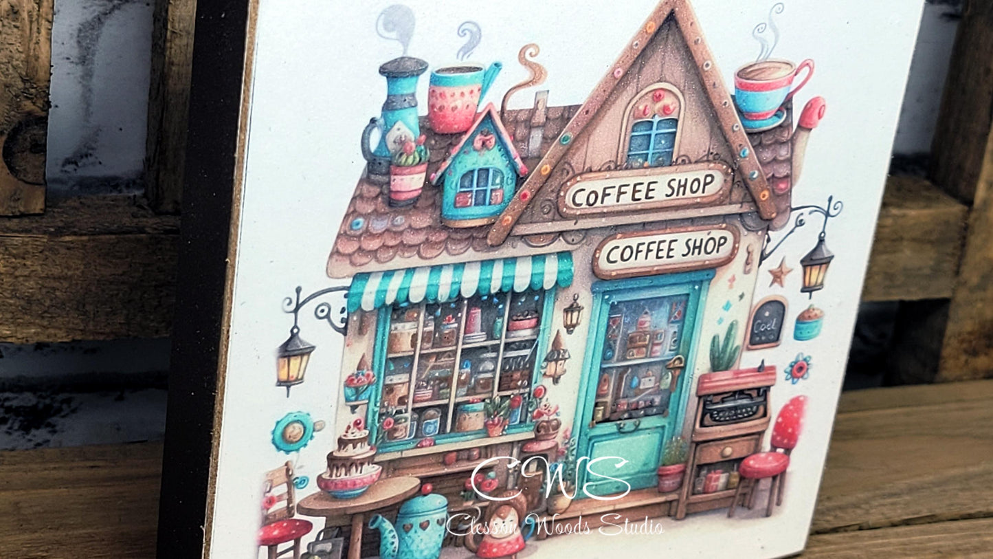 Coffee Shop 3 Square Wood Block Sign