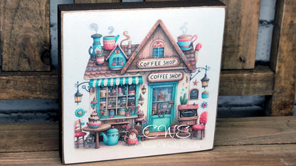 Coffee Shop 3 Square Wood Block Sign