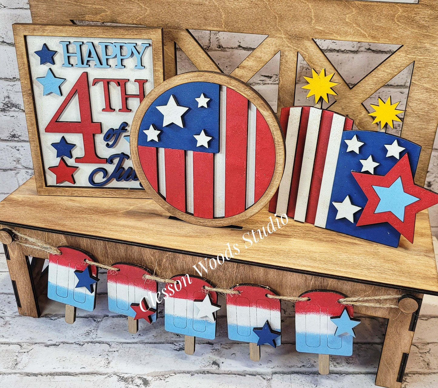 Finished Painted July 4th Patriotic Insert Set for Large Bench