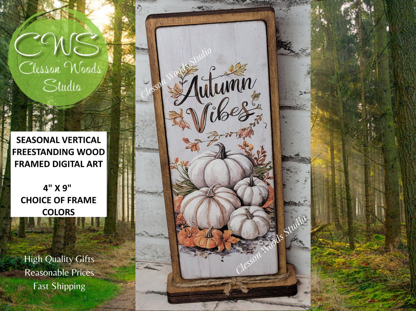 Autumn Vibes White Pumpkins Vertical Standing Wood Sign