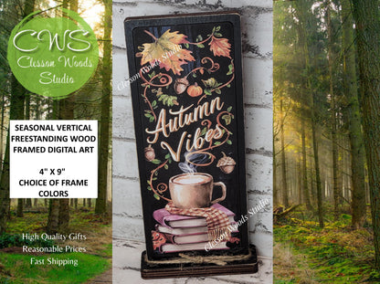 Autumn Vibes Book Stack With Cup Vertical Standing Wood Sign