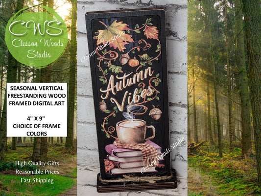 Autumn Vibes Book Stack With Cup Vertical Standing Wood Sign