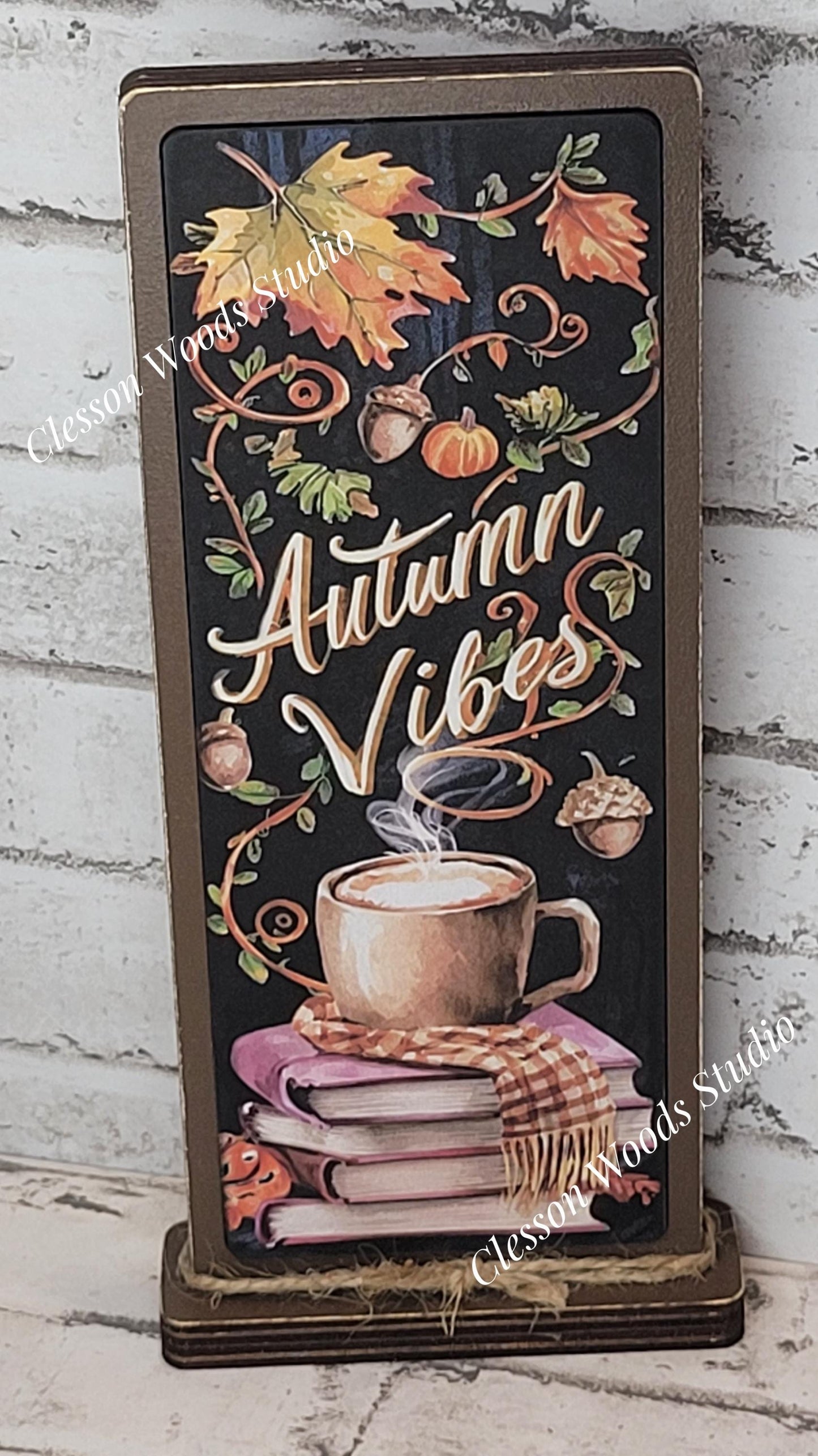 Autumn Vibes Book Stack With Cup Vertical Standing Wood Sign