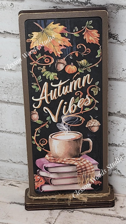 Autumn Vibes Book Stack With Cup Vertical Standing Wood Sign