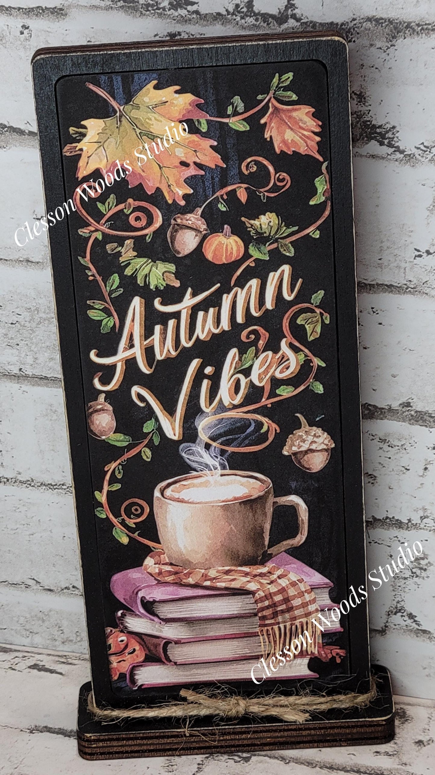 Autumn Vibes Book Stack With Cup Vertical Standing Wood Sign