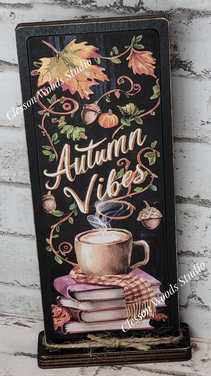 Autumn Vibes Book Stack With Cup Vertical Standing Wood Sign