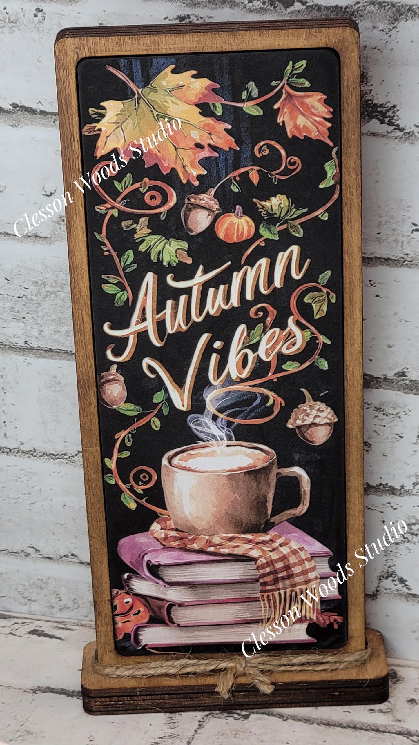Autumn Vibes Book Stack With Cup Vertical Standing Wood Sign