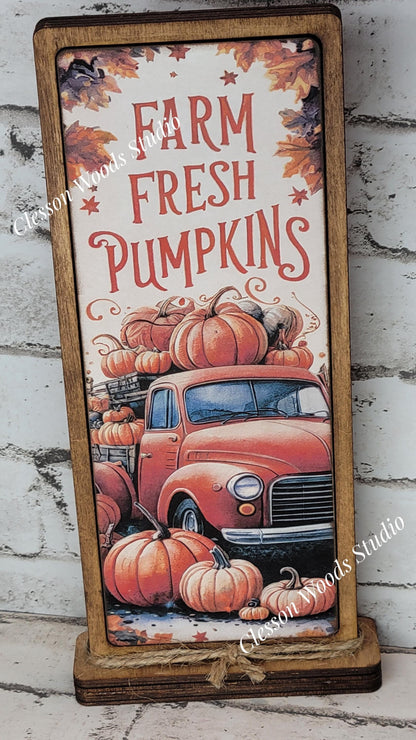 Farm Fresh Pumpkins Truck Vertical Standing Wood Sign