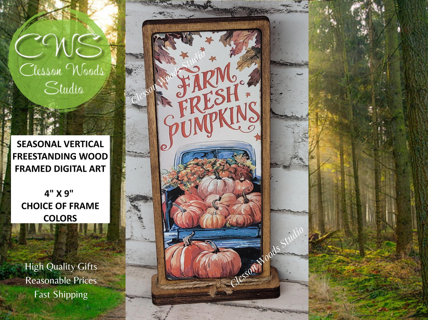 Farm Fresh Pumpkins Blue Truck Vertical Standing Wood Sign