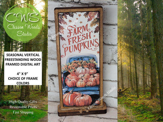 Farm Fresh Pumpkins Blue Truck Vertical Standing Wood Sign