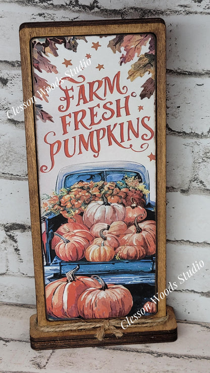 Farm Fresh Pumpkins Blue Truck Vertical Standing Wood Sign