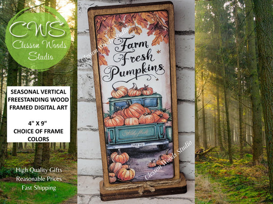 Farm Fresh Pumpkins Teal/Green Truck Vertical Standing Wood Sign