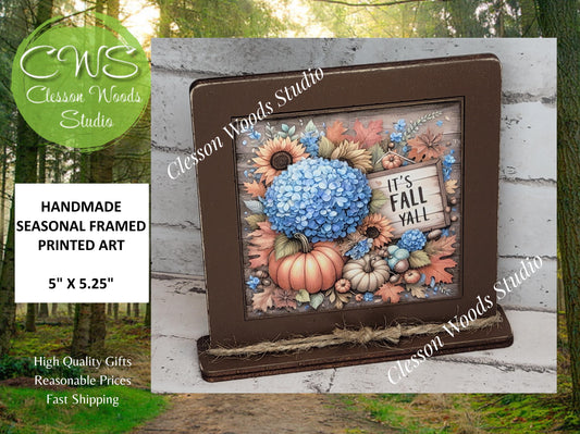 Its Fall Yall Pumpkins Sunflowers Blue Flowers Framed Wood Sign