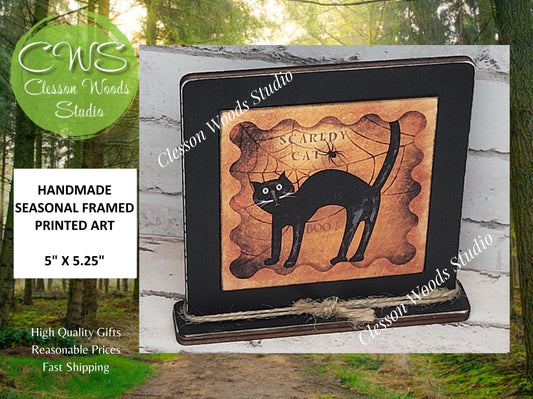 Halloween Scaredy Cat Primitive Framed Wood Sign