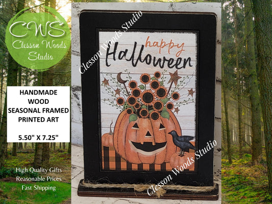 Happy Halloween Pumpkin Wood Framed Art with Attached Stand