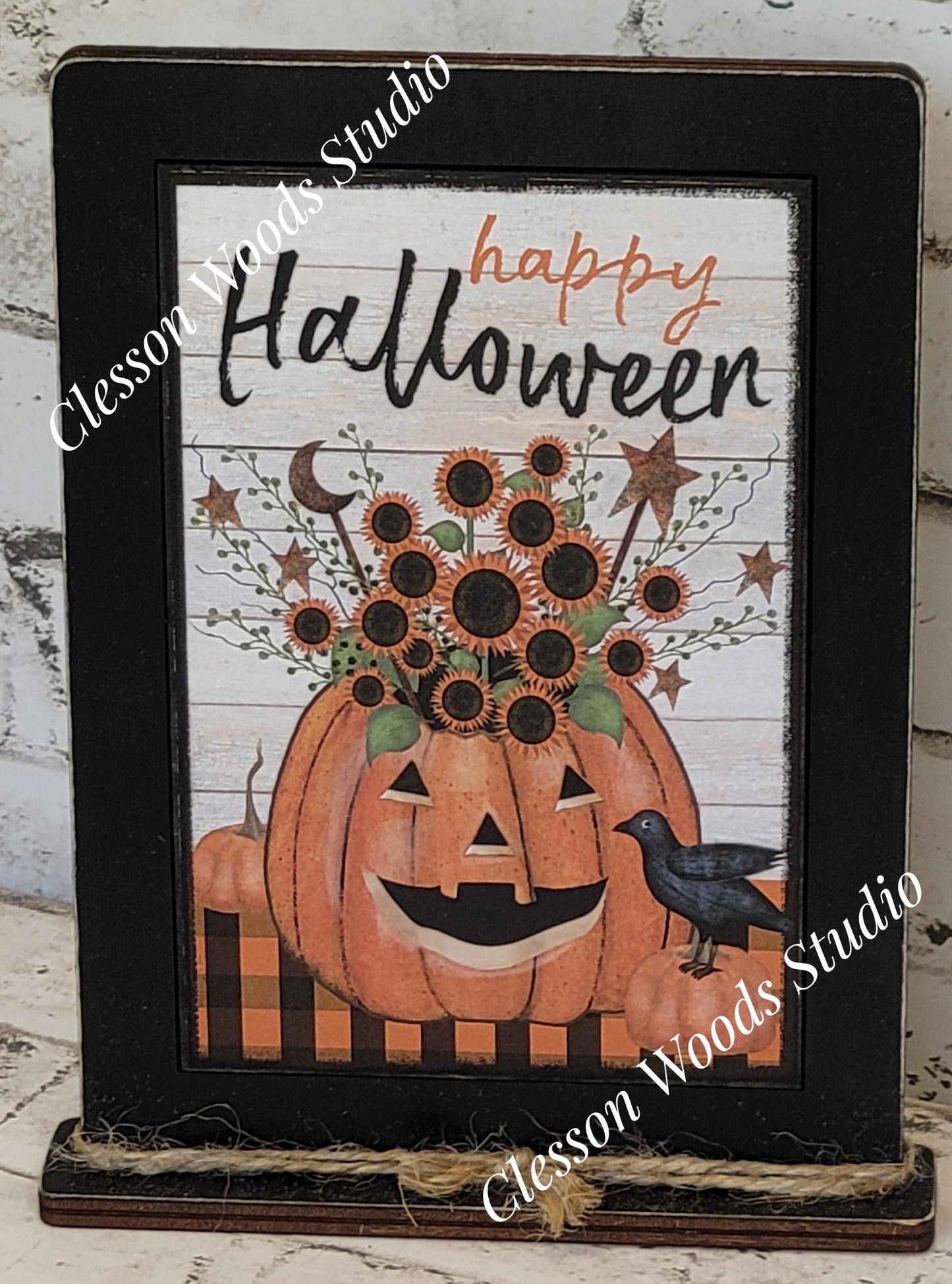 Happy Halloween Pumpkin Wood Framed Art with Attached Stand